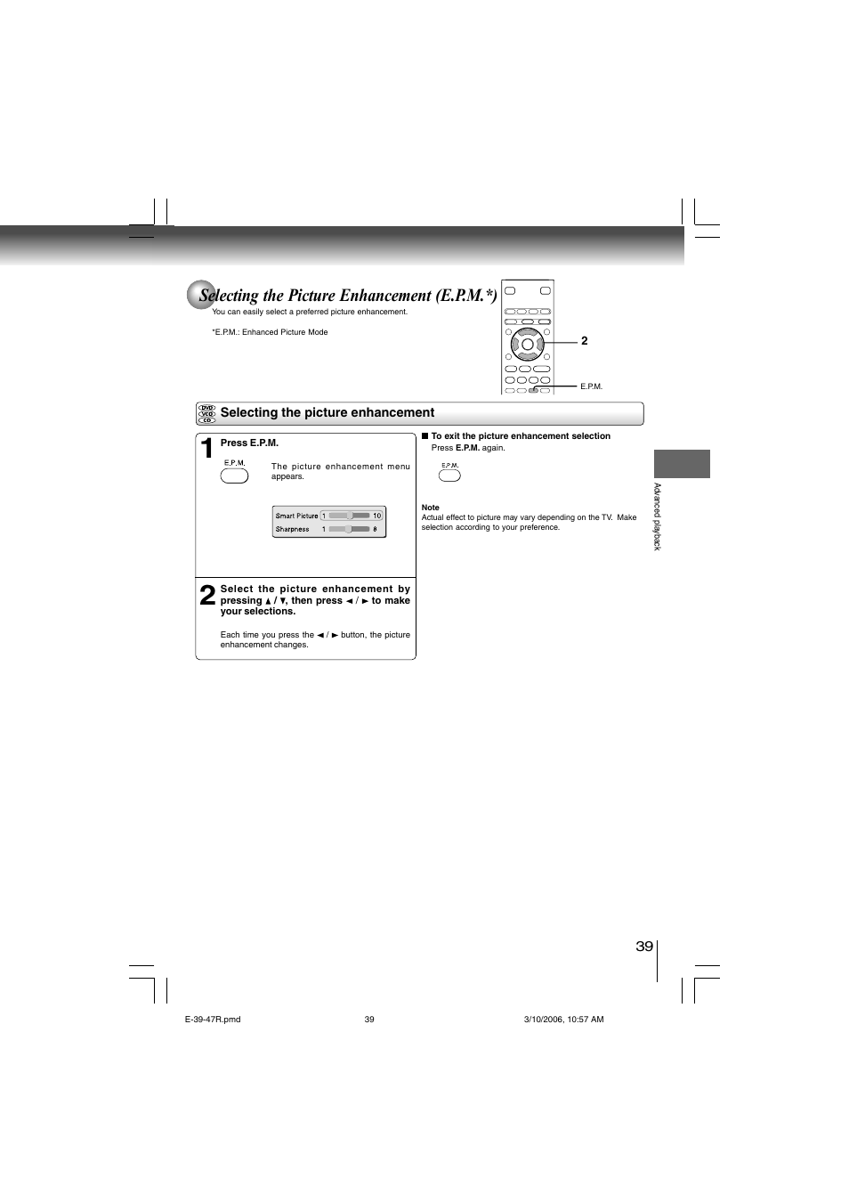 Selecting the picture enhancement (e.p.m.*) | Toshiba SD-360ESE User Manual | Page 39 / 68