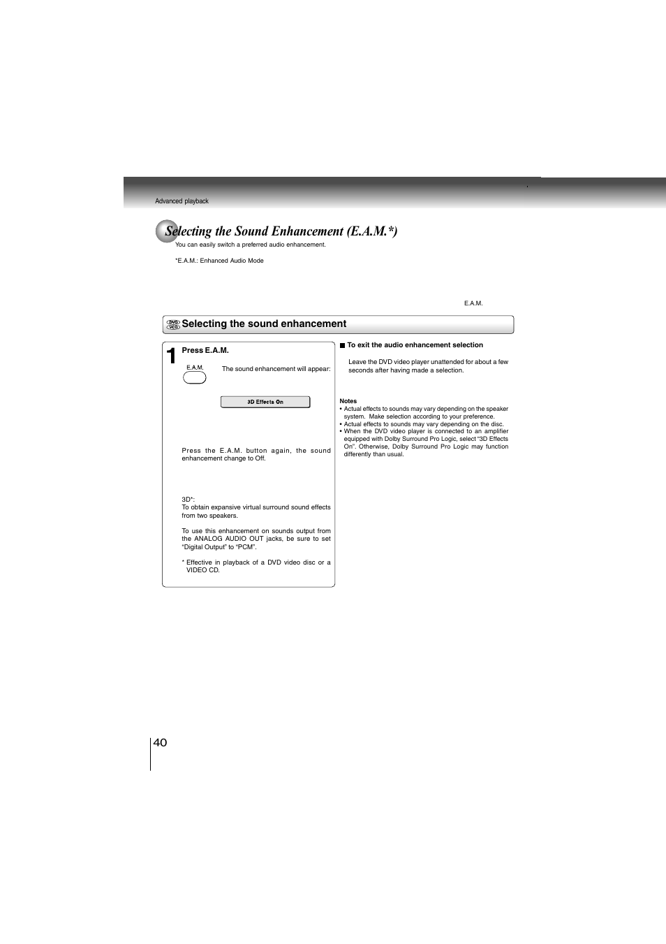 Selecting the sound enhancement (e.a.m.*) | Toshiba SD-360ESE User Manual | Page 40 / 68