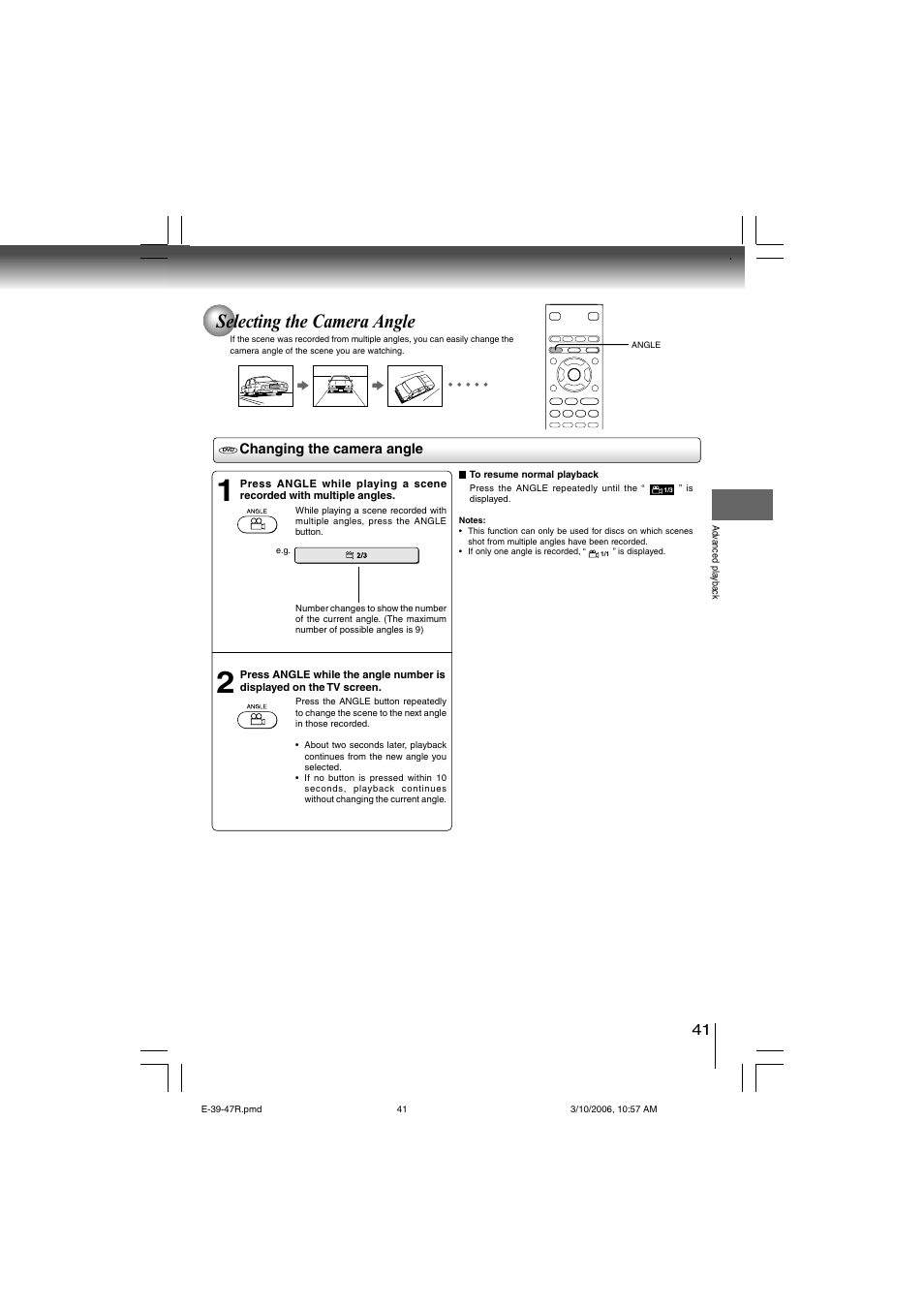 Selecting the camera angle | Toshiba SD-360ESE User Manual | Page 41 / 68