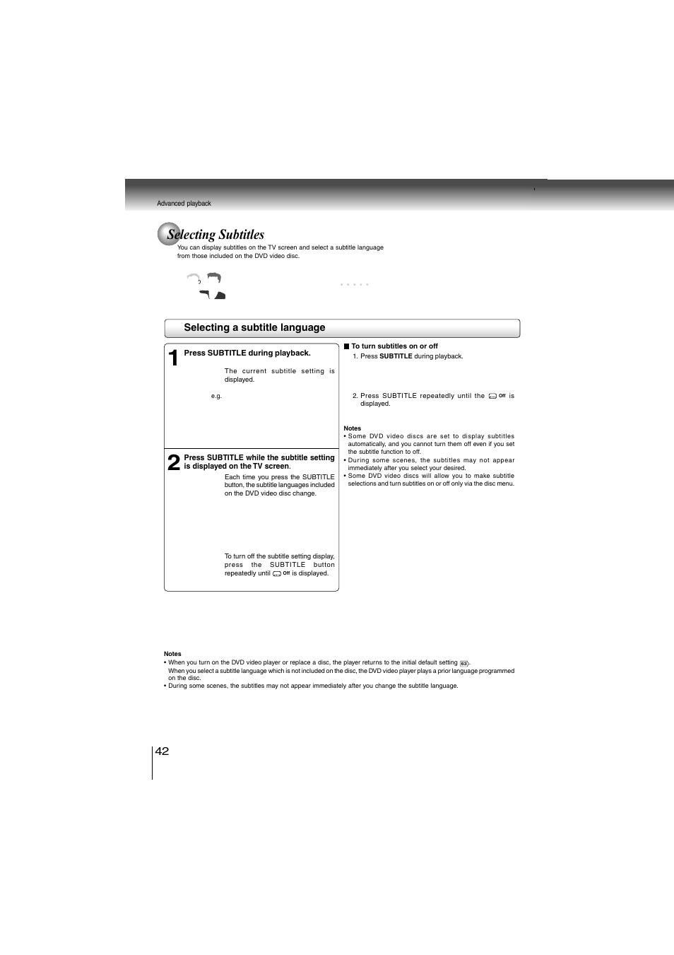 Selecting subtitles | Toshiba SD-360ESE User Manual | Page 42 / 68