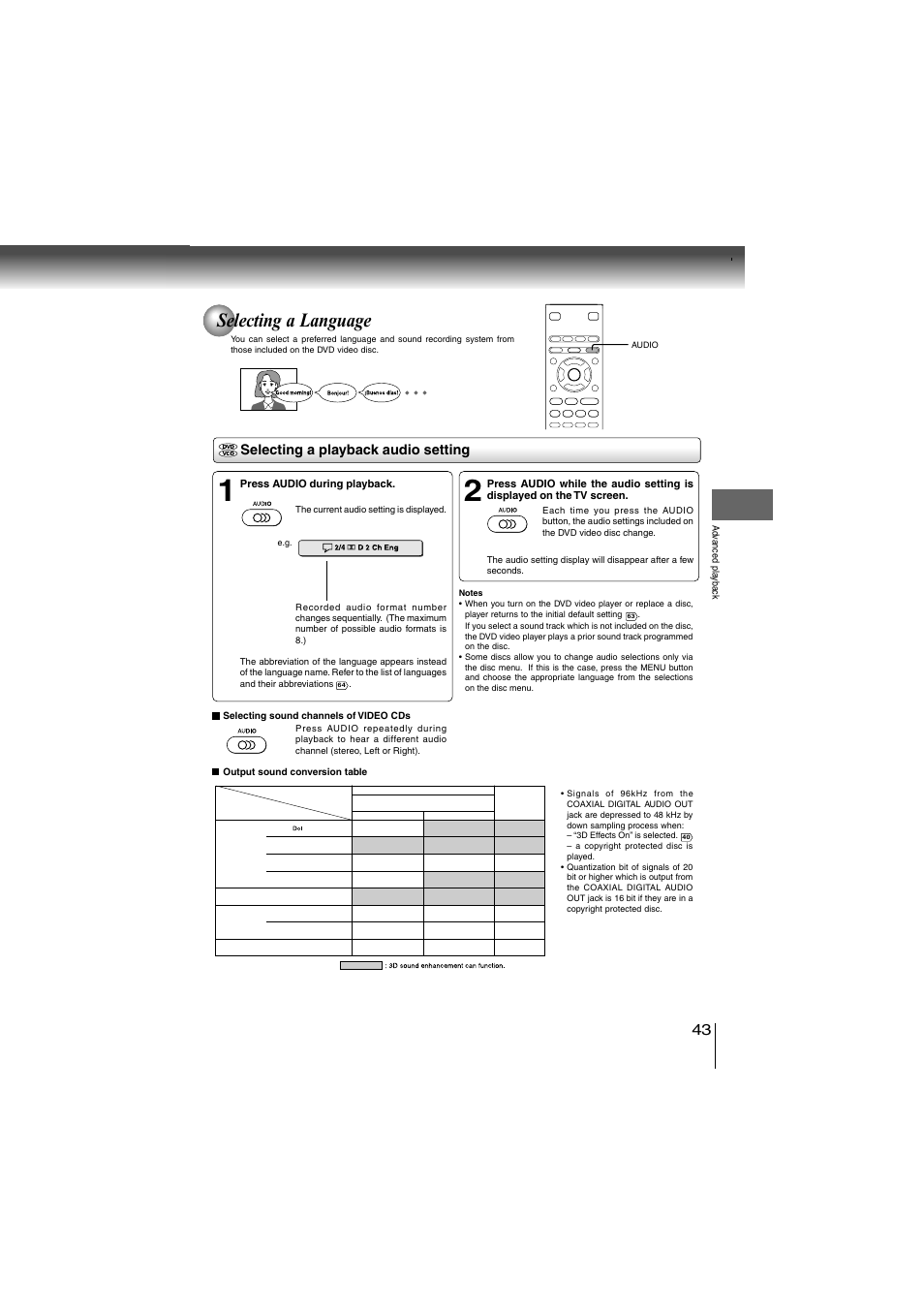 Selecting a language, Selecting a playback audio setting | Toshiba SD-360ESE User Manual | Page 43 / 68