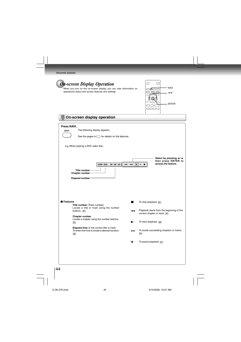 On-screen display operation | Toshiba SD-360ESE User Manual | Page 44 / 68