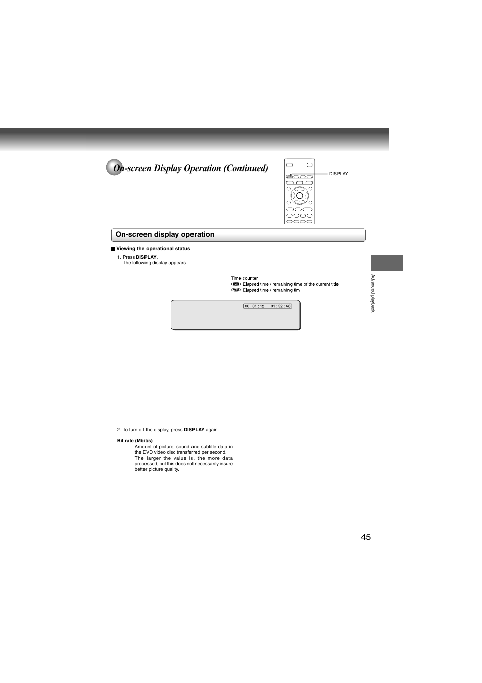 On-screen display operation (continued) | Toshiba SD-360ESE User Manual | Page 45 / 68