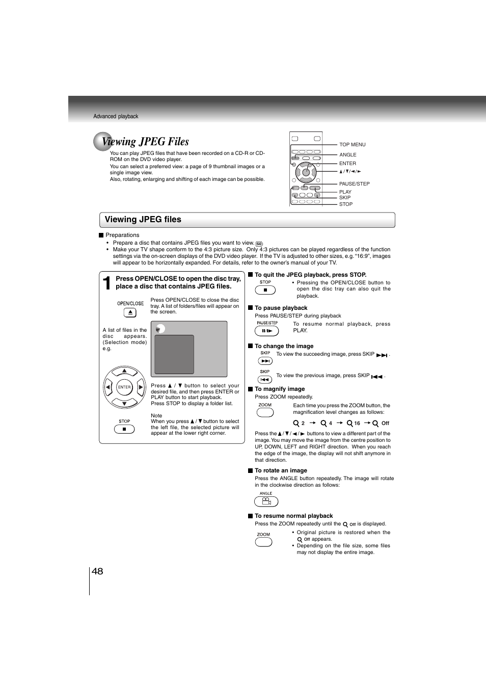 Viewing jpeg files | Toshiba SD-360ESE User Manual | Page 48 / 68