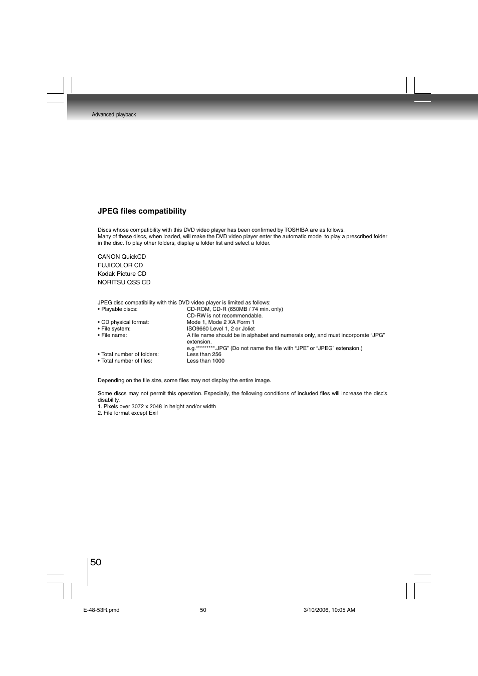 Jpeg files compatibility | Toshiba SD-360ESE User Manual | Page 50 / 68