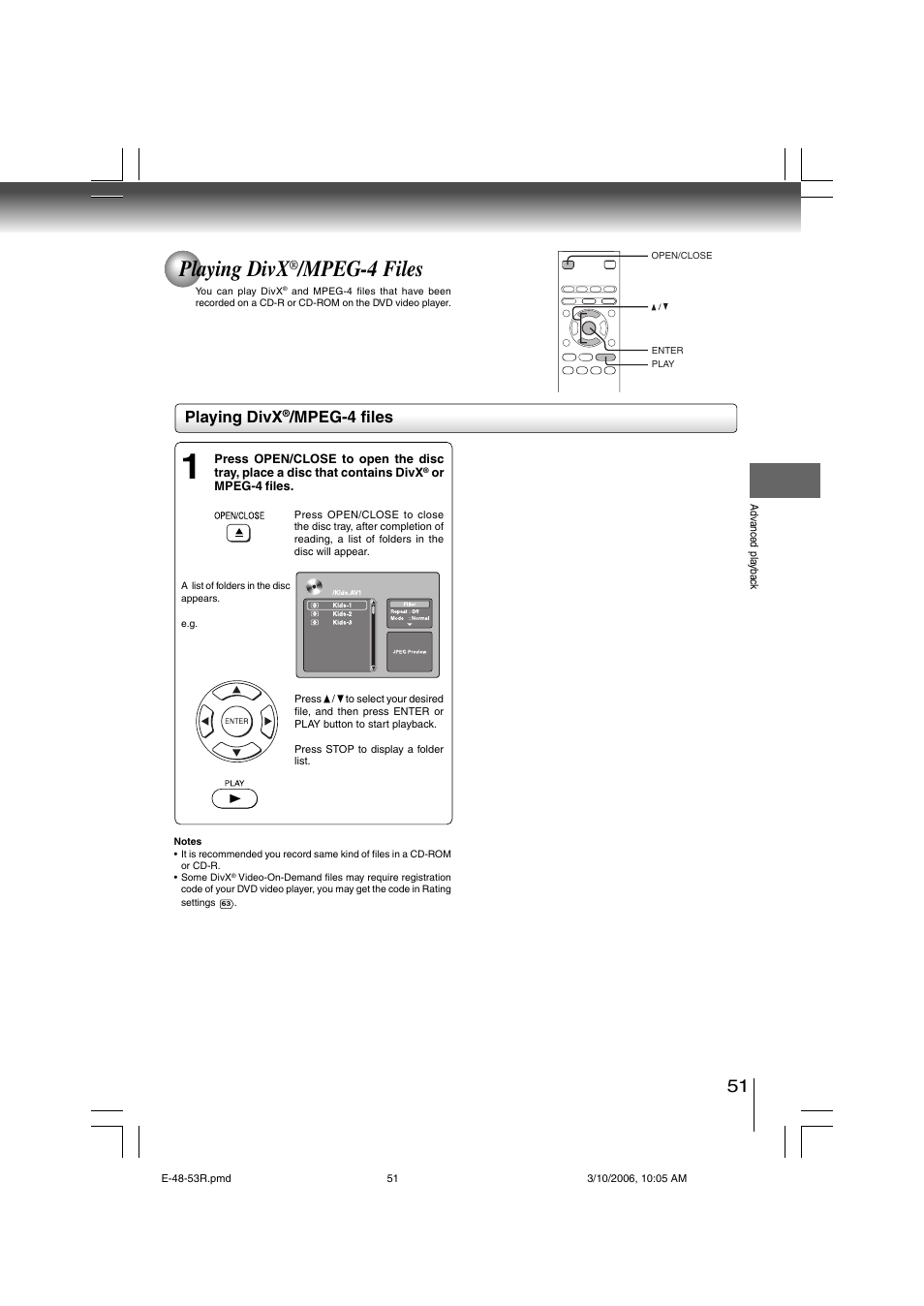 Playing divx, Mpeg-4 files | Toshiba SD-360ESE User Manual | Page 51 / 68