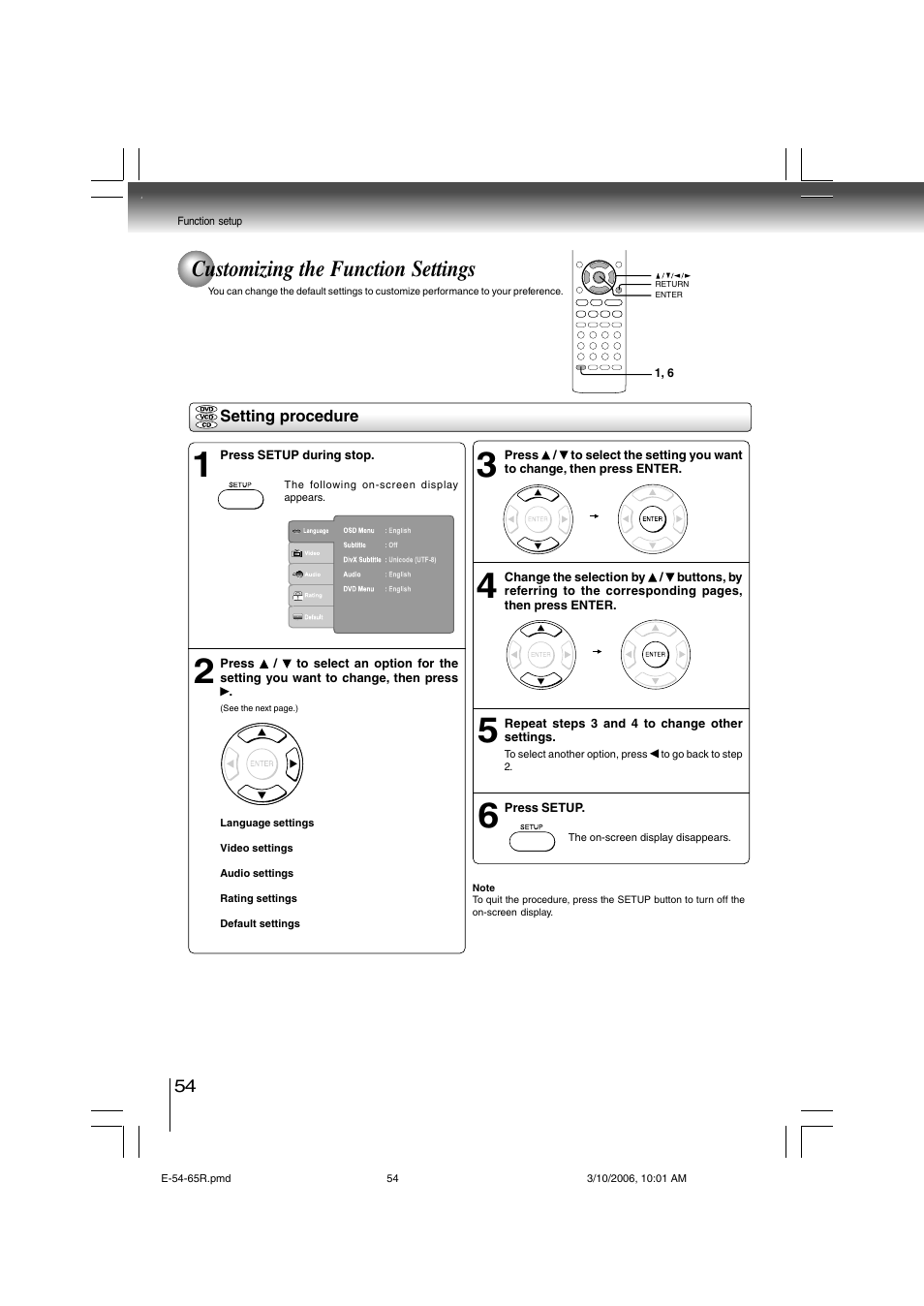 Customizing the function settings | Toshiba SD-360ESE User Manual | Page 54 / 68