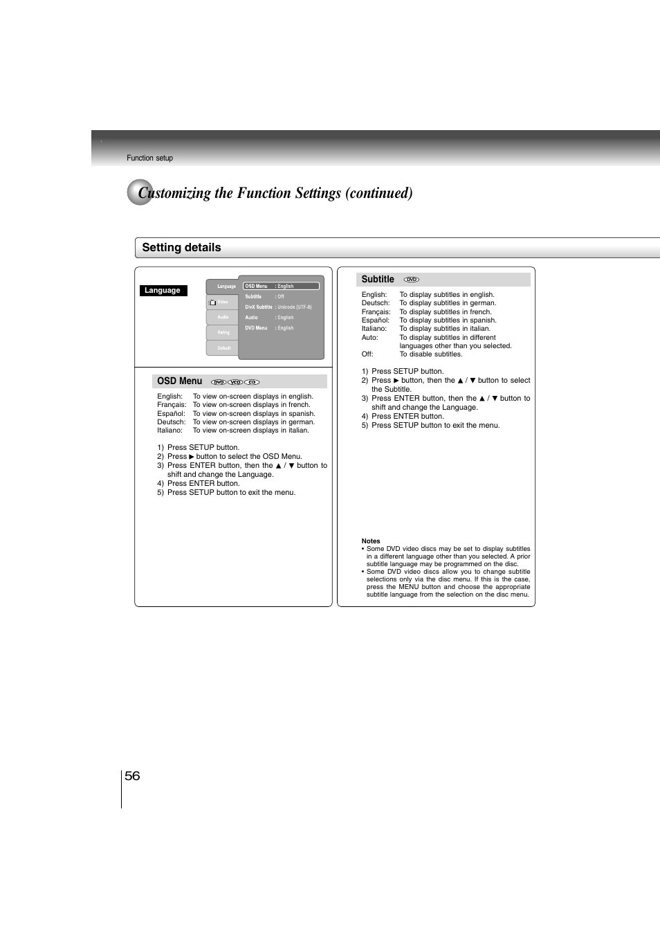 Customizing the function settings (continued), Setting details | Toshiba SD-360ESE User Manual | Page 56 / 68