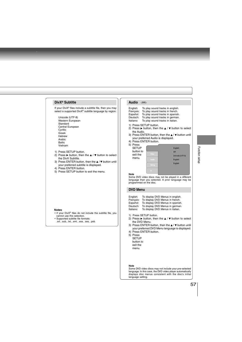 Audio, Dvd menu, Divx | Subtitle | Toshiba SD-360ESE User Manual | Page 57 / 68