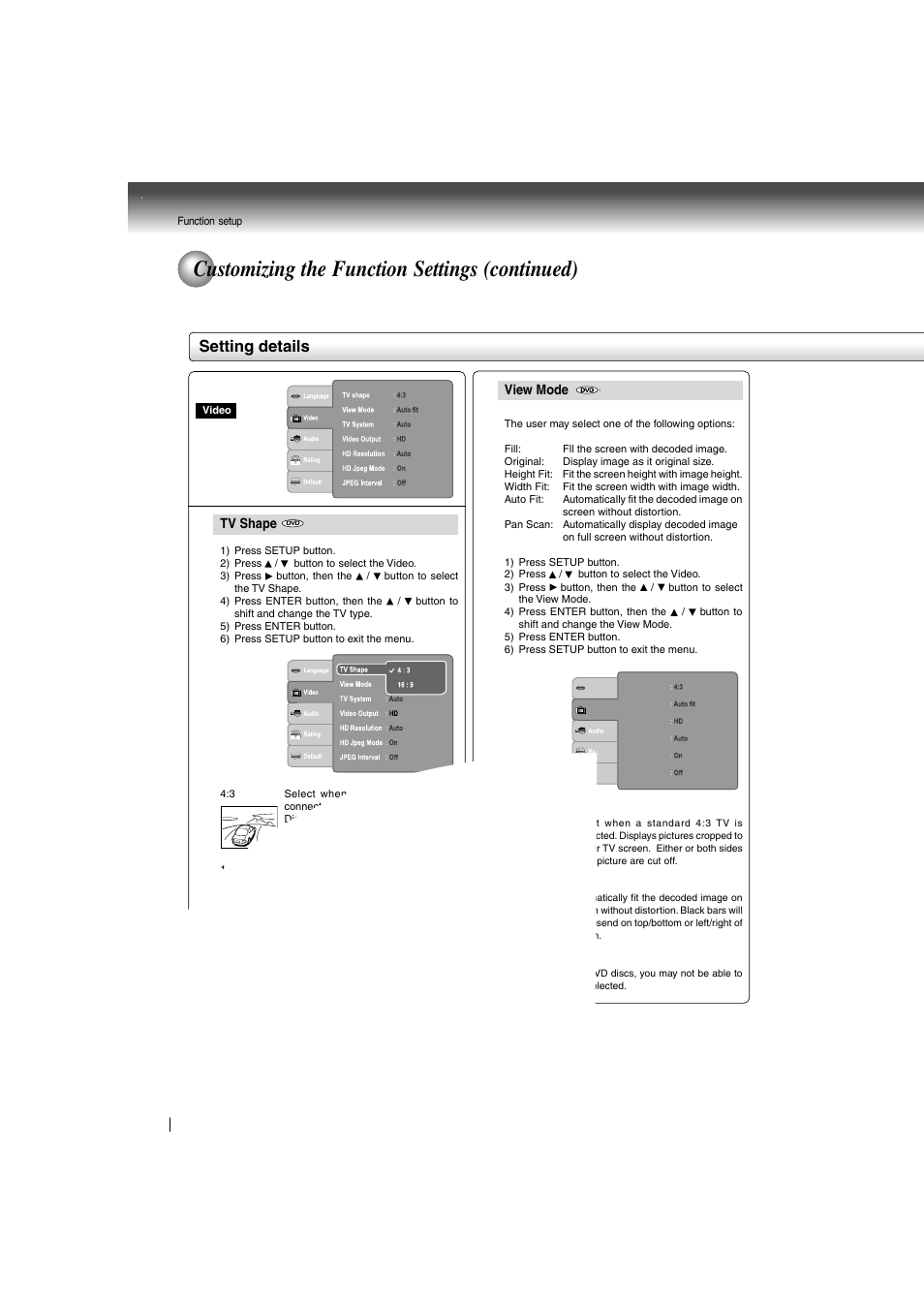 Customizing the function settings (continued), Setting details | Toshiba SD-360ESE User Manual | Page 58 / 68