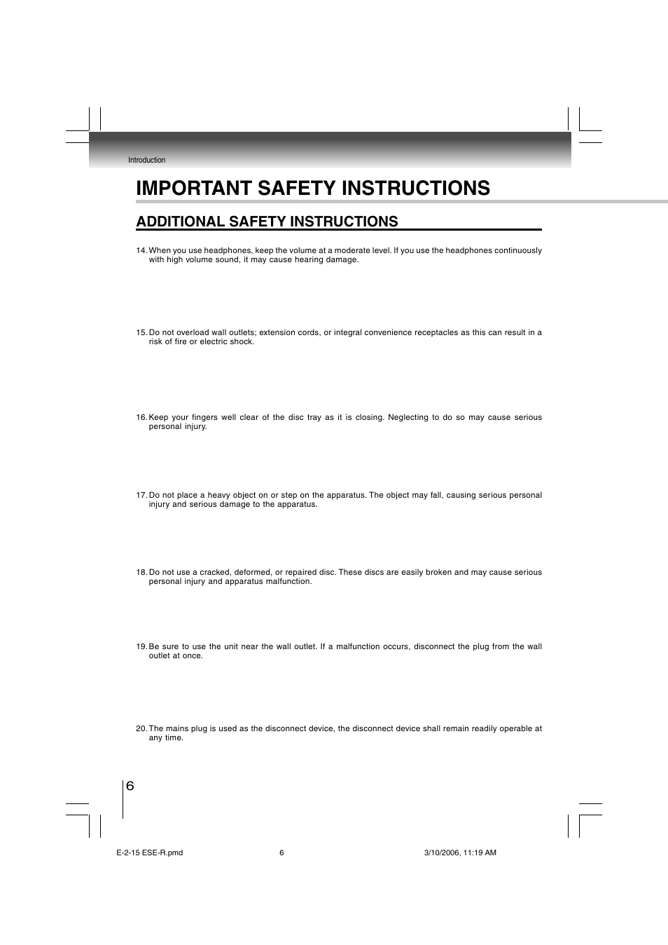 Important safety instructions, Additional safety instructions | Toshiba SD-360ESE User Manual | Page 6 / 68