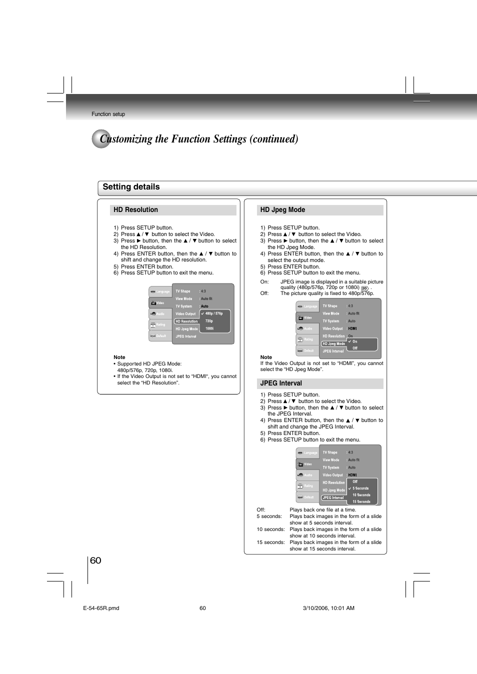 Customizing the function settings (continued), Setting details | Toshiba SD-360ESE User Manual | Page 60 / 68