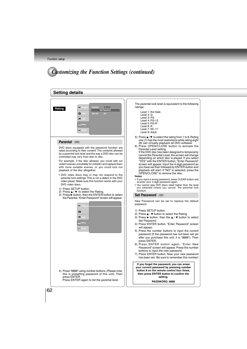 Customizing the function settings (continued), Setting details | Toshiba SD-360ESE User Manual | Page 62 / 68