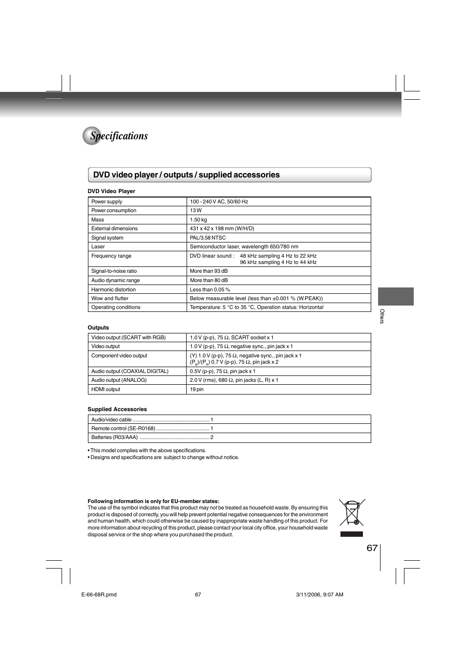 Specifications, Dvd video player / outputs / supplied accessories | Toshiba SD-360ESE User Manual | Page 67 / 68