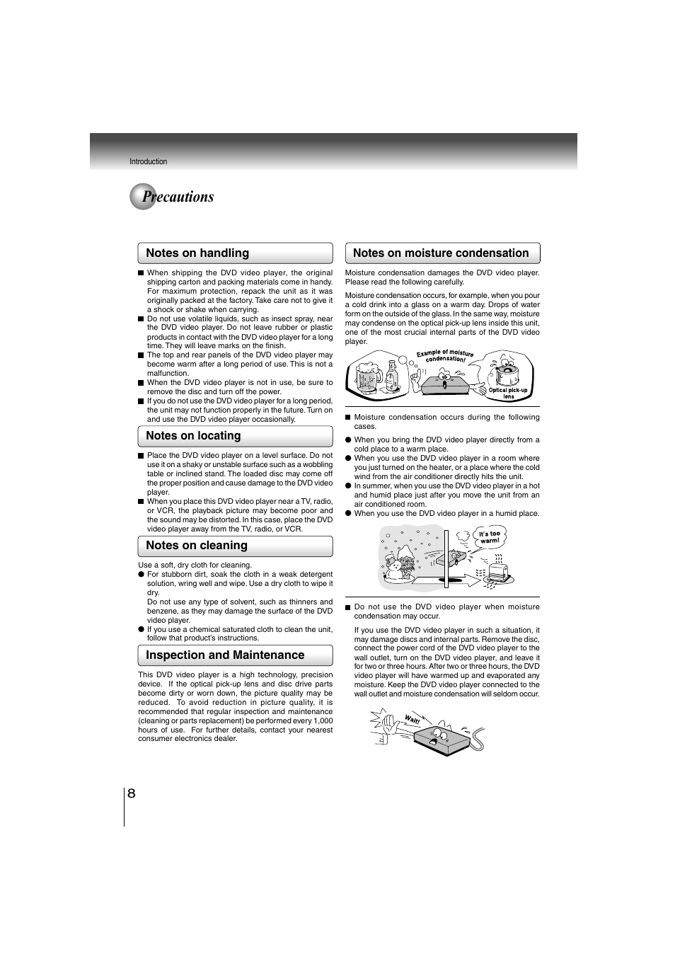 Precautions | Toshiba SD-360ESE User Manual | Page 8 / 68