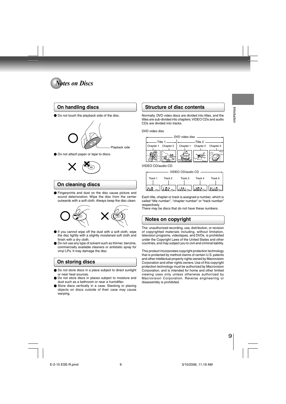 On handling discs, On cleaning discs, On storing discs | Structure of disc contents | Toshiba SD-360ESE User Manual | Page 9 / 68