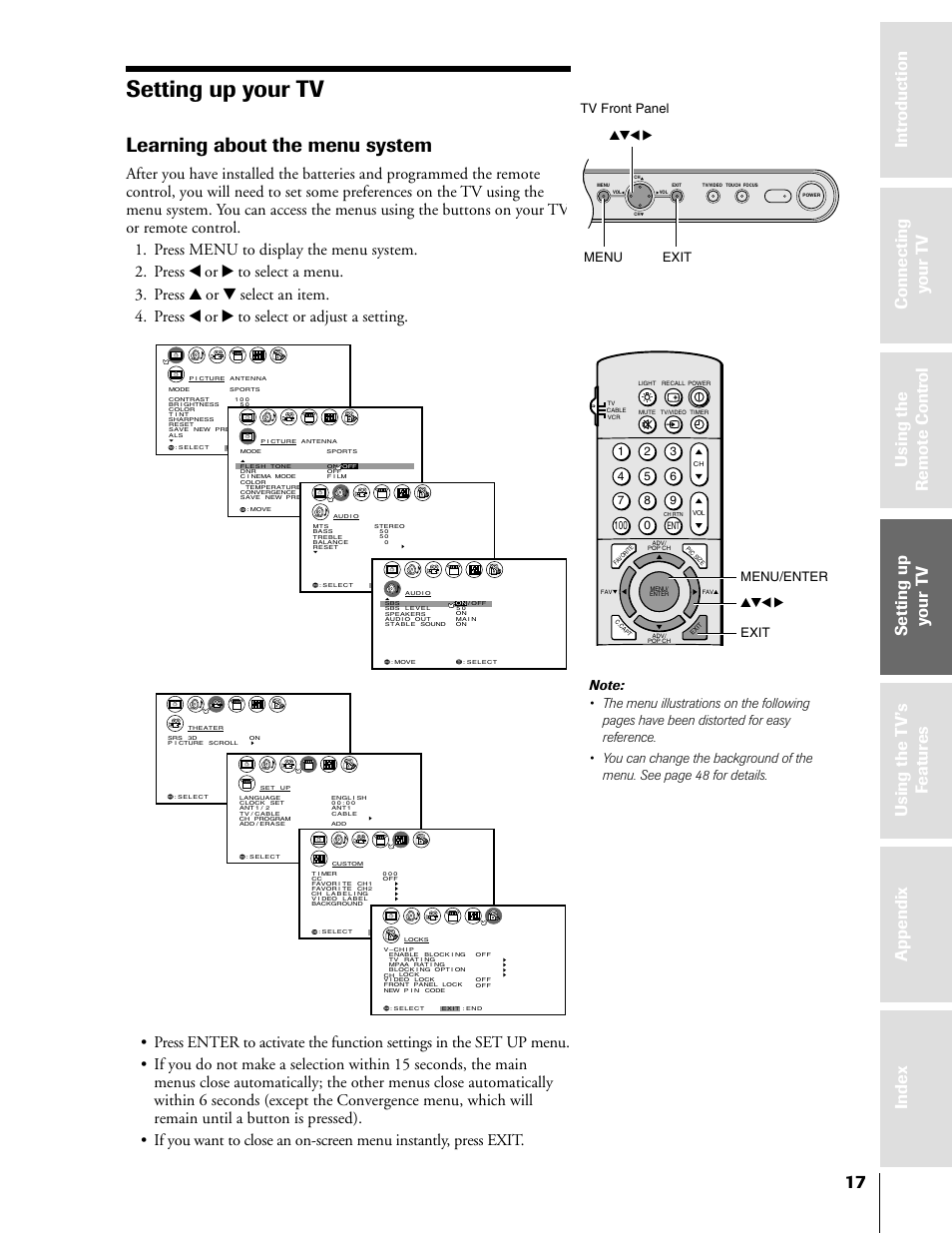 Setting up your tv, Learning the menu system, Learning about the menu system | Toshiba 57H81 User Manual | Page 17 / 54