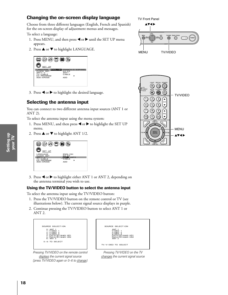Changing on-screen display, Changing the on-screen display language, Selecting the antenna input | Press x or • to highlight the desired language, Menu yzx • menu yzx • tv/video tv/video, Tv front panel | Toshiba 57H81 User Manual | Page 18 / 54