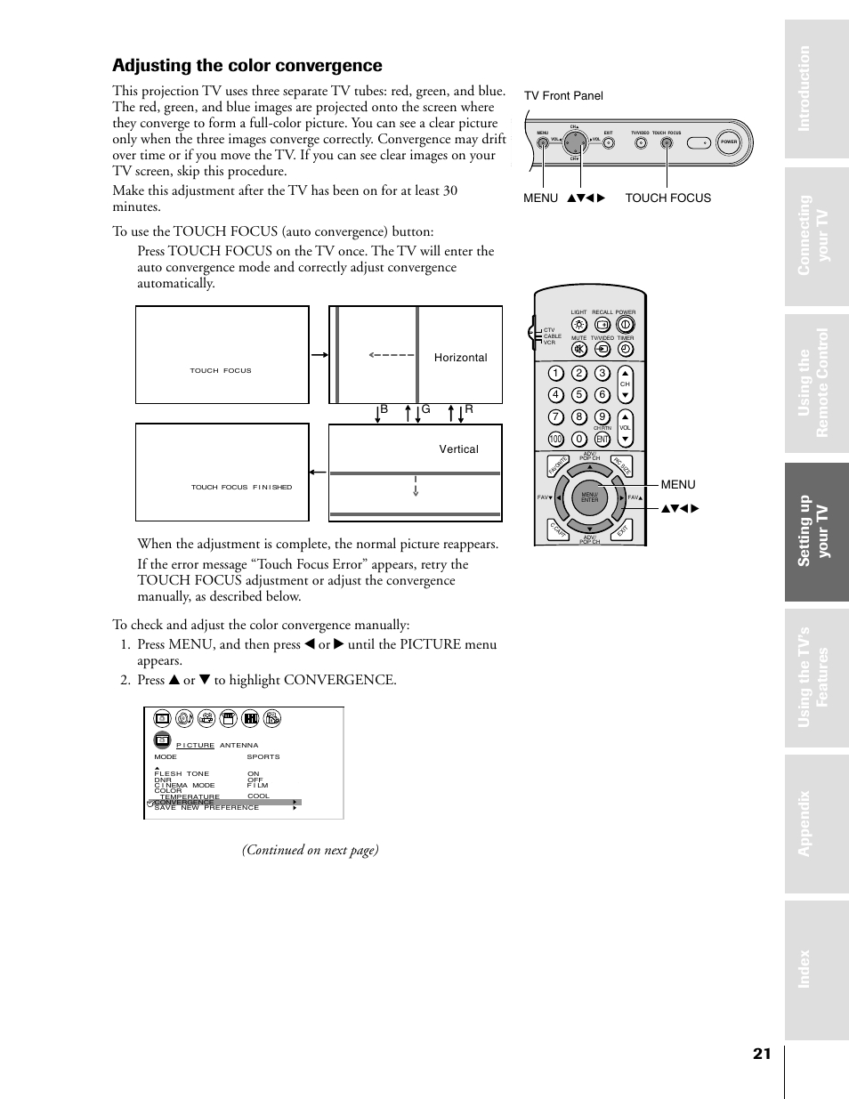 Adjusting the color convergence, Continued on next page), Bg r | Menu yzx • touch focus menu yzx • tv front panel, Horizontal vertical | Toshiba 57H81 User Manual | Page 21 / 54
