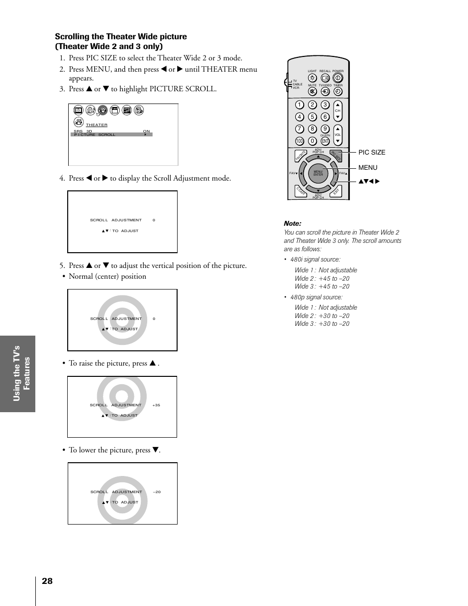 Press x or • to display the scroll adjustment mode, Pic size menu yzx | Toshiba 57H81 User Manual | Page 28 / 54