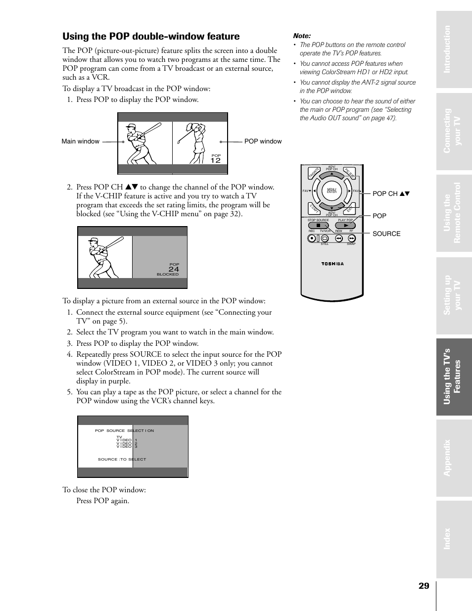 Using pop double-window feature, Using the pop double-window feature, Source | Pop window main window, Pop pop ch yz | Toshiba 57H81 User Manual | Page 29 / 54