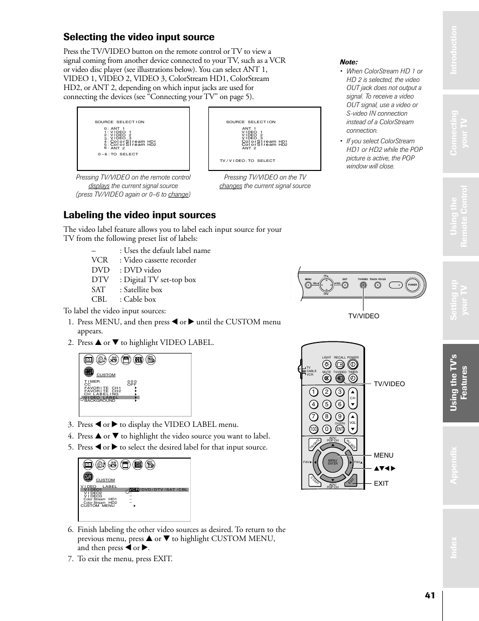 Selecting the video input source, Labeling the video input sources, Menu yzx • exit tv/video | Tv/video | Toshiba 57H81 User Manual | Page 41 / 54