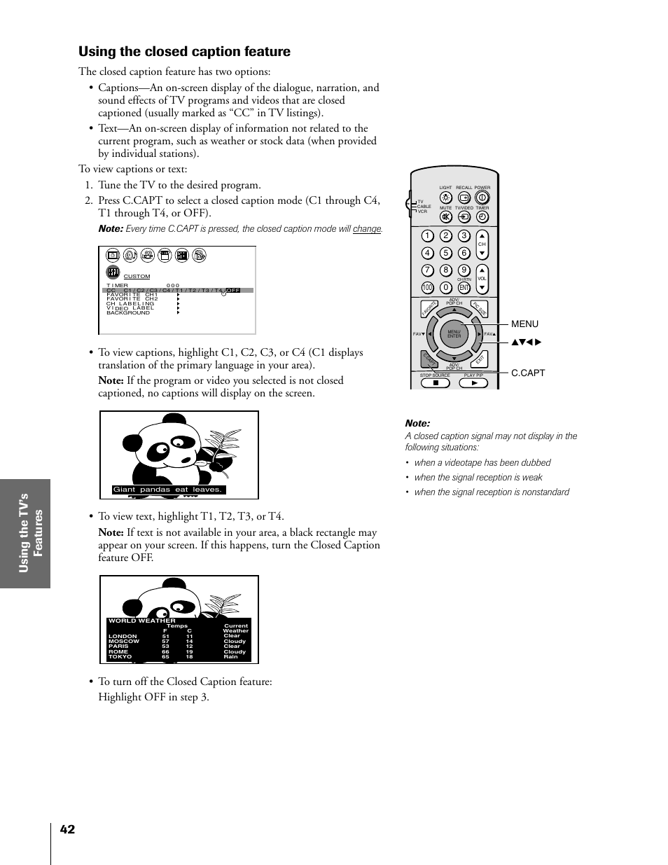 Closed caption, Using the closed caption feature, Menu yzx • c.capt | Toshiba 57H81 User Manual | Page 42 / 54
