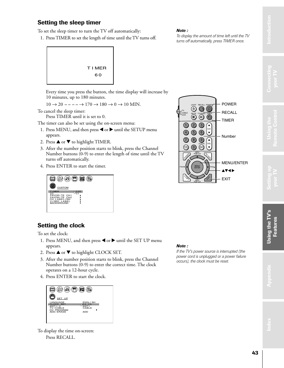 Setting sleep timer and clock, Setting the sleep timer, Setting the clock | Timer power yzx • recall menu/enter number exit, T i mer 6 0 | Toshiba 57H81 User Manual | Page 43 / 54