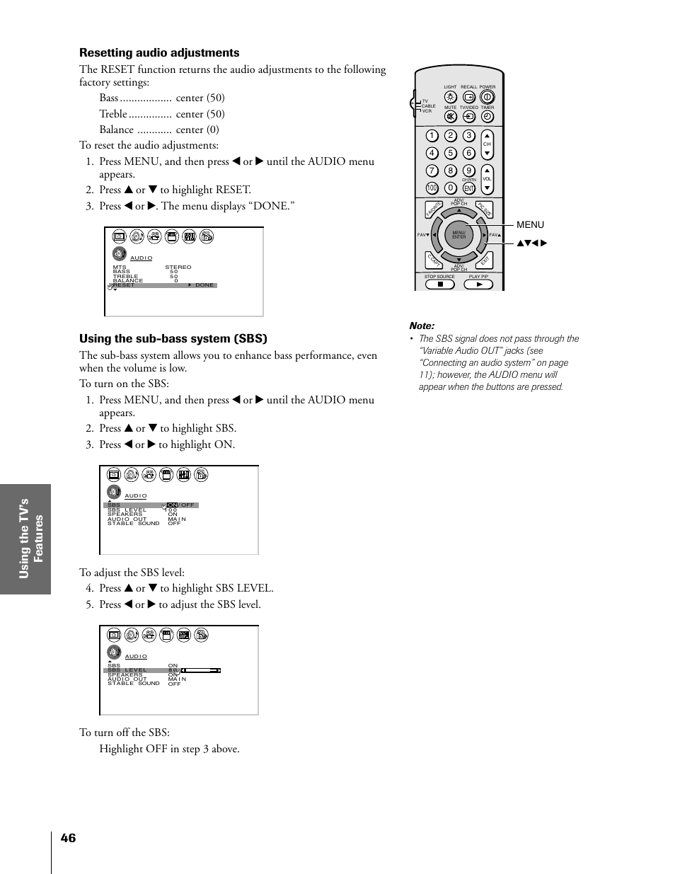 Resetting audio adjustments, Using the sub-bass system (sbs), Yzx • menu | Toshiba 57H81 User Manual | Page 46 / 54