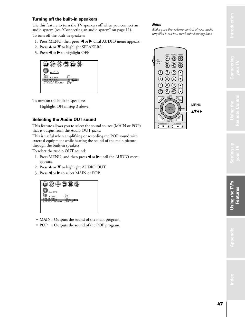 Turning off the built-in speakers, Selecting the audio out sound, Yzx • menu | Toshiba 57H81 User Manual | Page 47 / 54