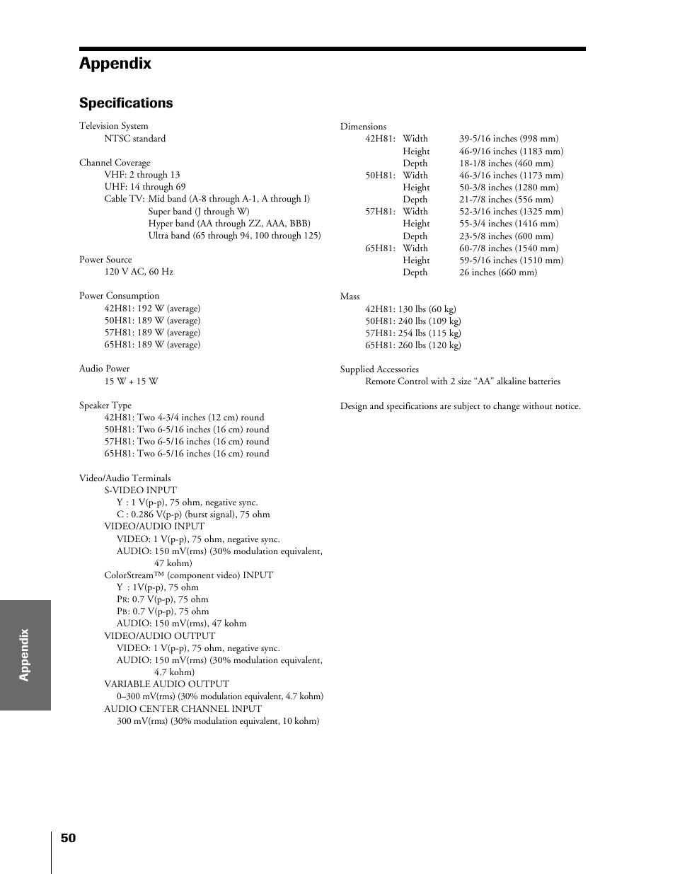 Appendix, Specifications | Toshiba 57H81 User Manual | Page 50 / 54