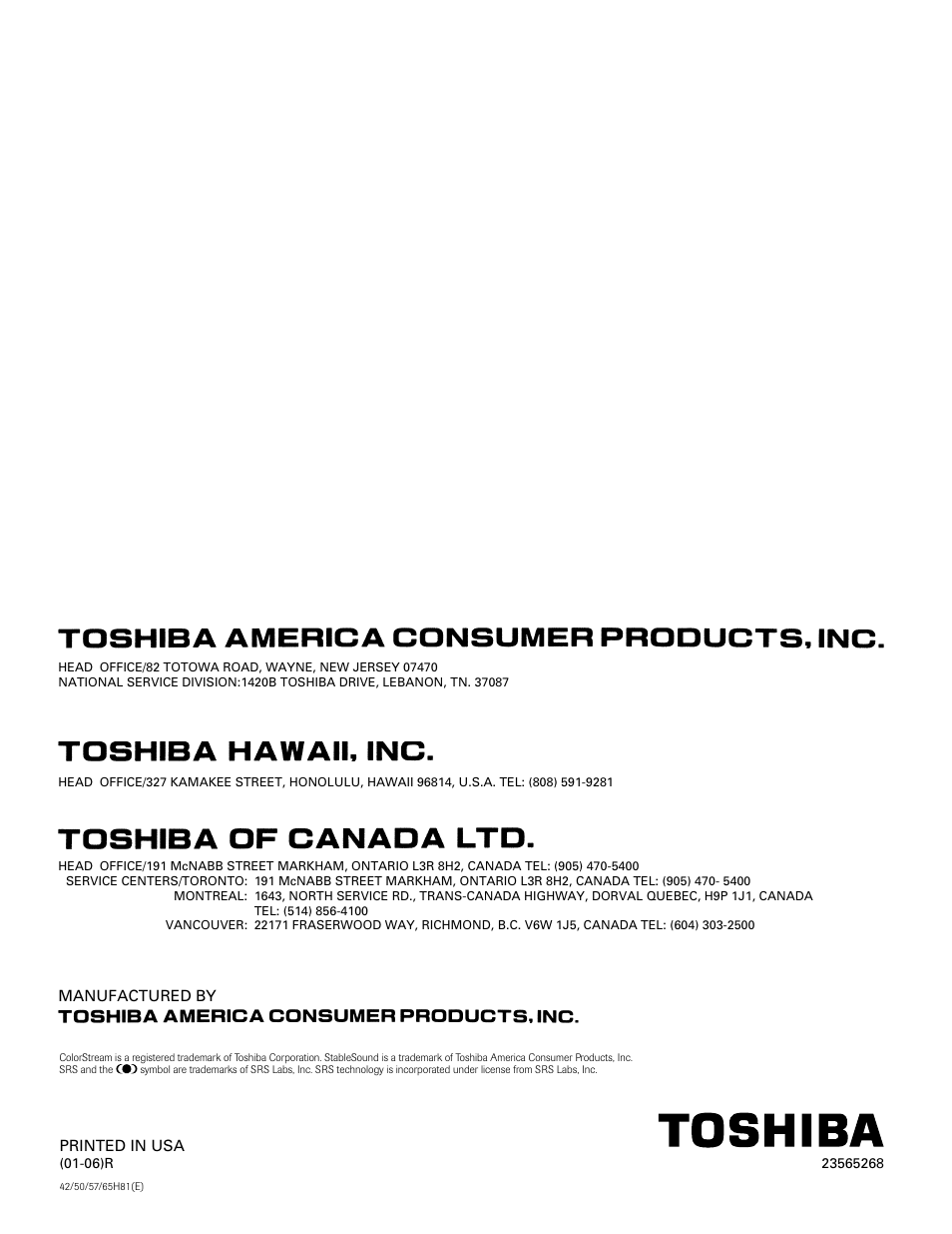 Back cover | Toshiba 57H81 User Manual | Page 54 / 54