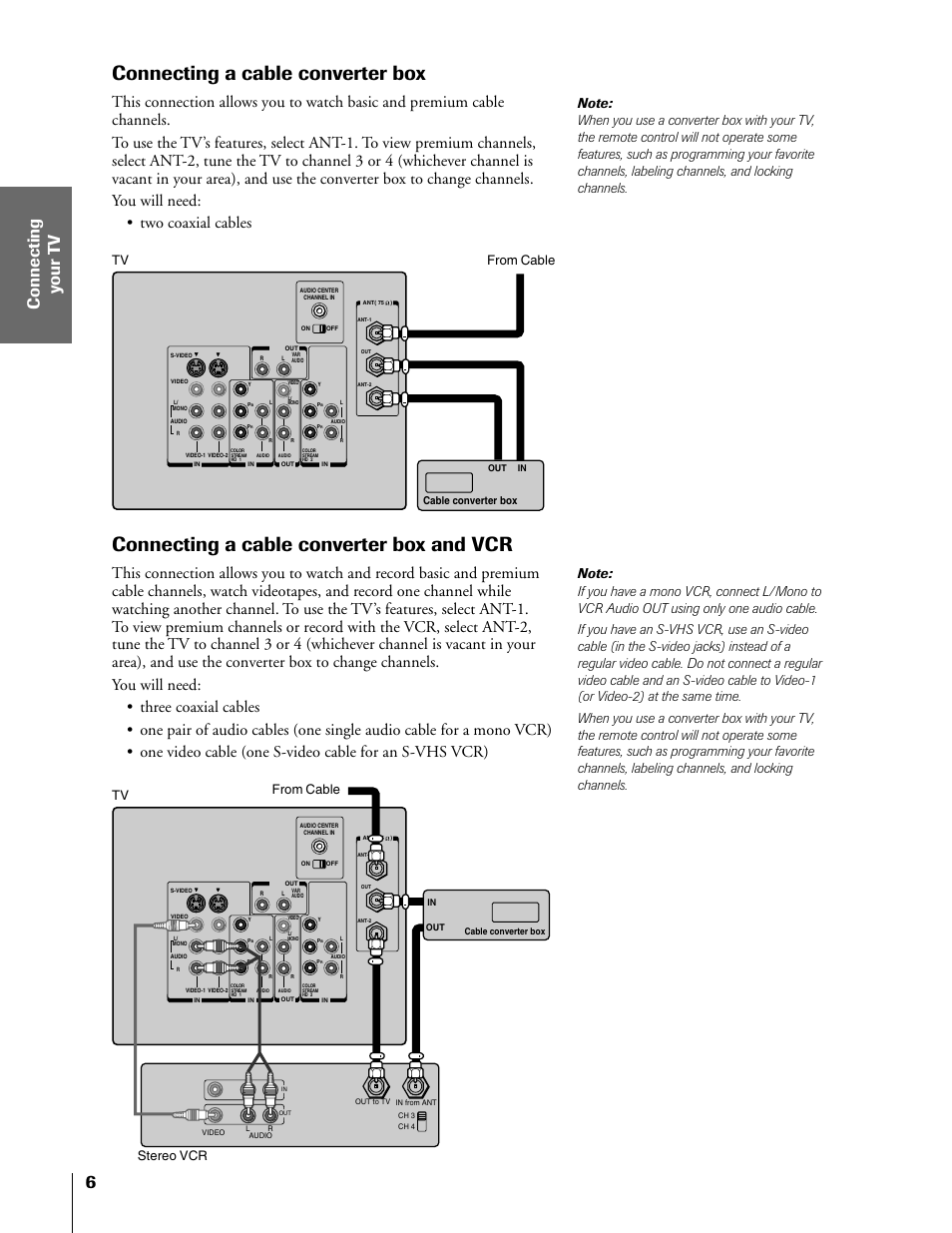 Cable converter box / converter box and vcr, Connecting a cable converter box, Connecting a cable converter box and vcr | Tv from cable tv from cable stereo vcr | Toshiba 57H81 User Manual | Page 6 / 54