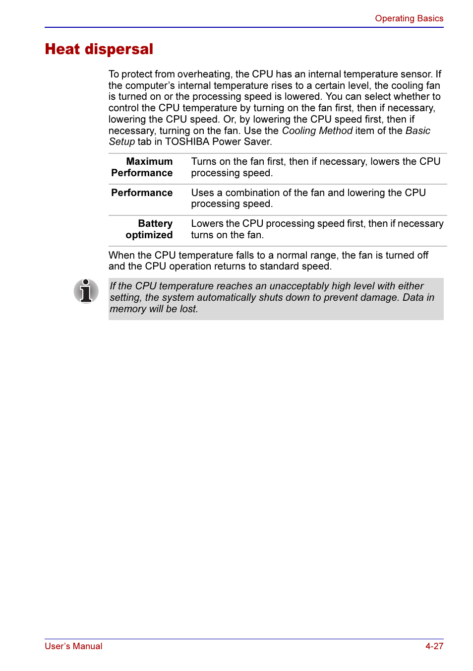 Heat dispersal -27, Heat dispersal | Toshiba A50 User Manual | Page 100 / 211