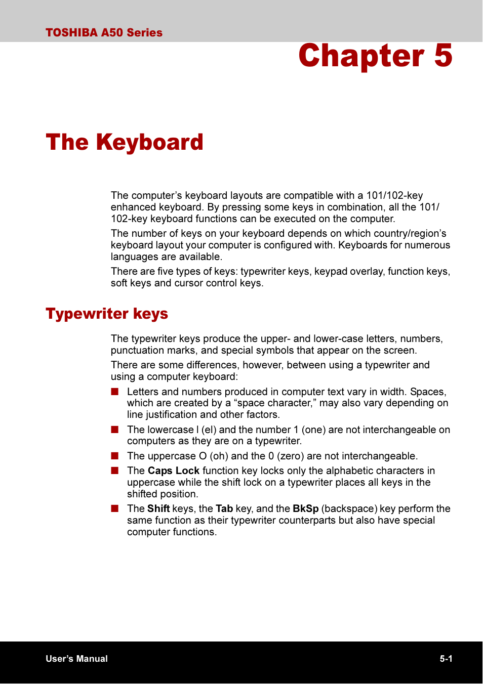 Chapter 5 the keyboard, Chapter 5, The keyboard | Typewriter keys -1, Typewriter keys | Toshiba A50 User Manual | Page 101 / 211