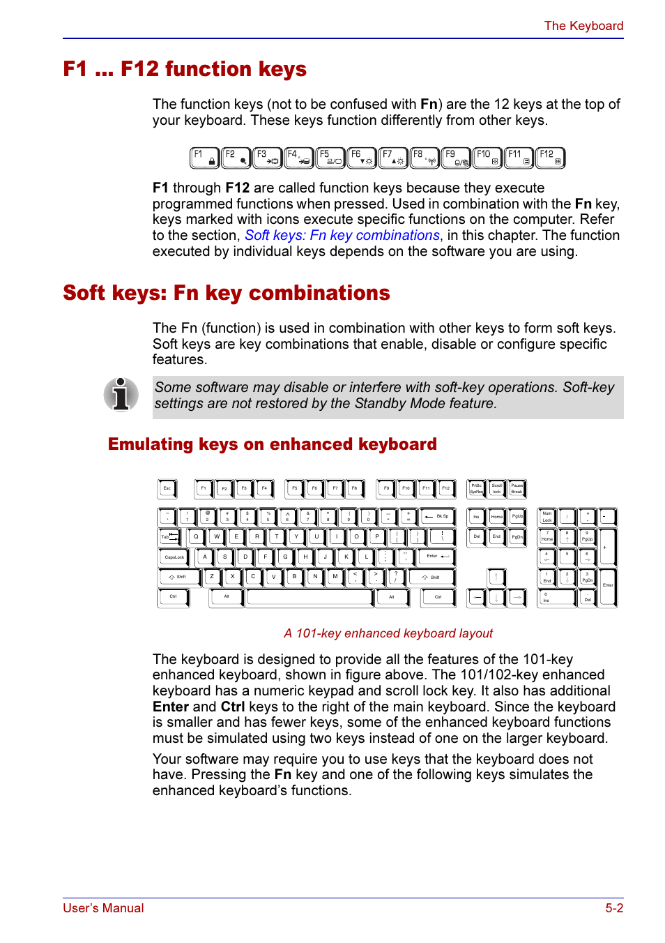 Emulating keys on enhanced keyboard -2, F1 … f12 function keys, Soft keys: fn key combinations | Emulating keys on enhanced keyboard, User’s manual 5-2 the keyboard, A 101-key enhanced keyboard layout | Toshiba A50 User Manual | Page 102 / 211