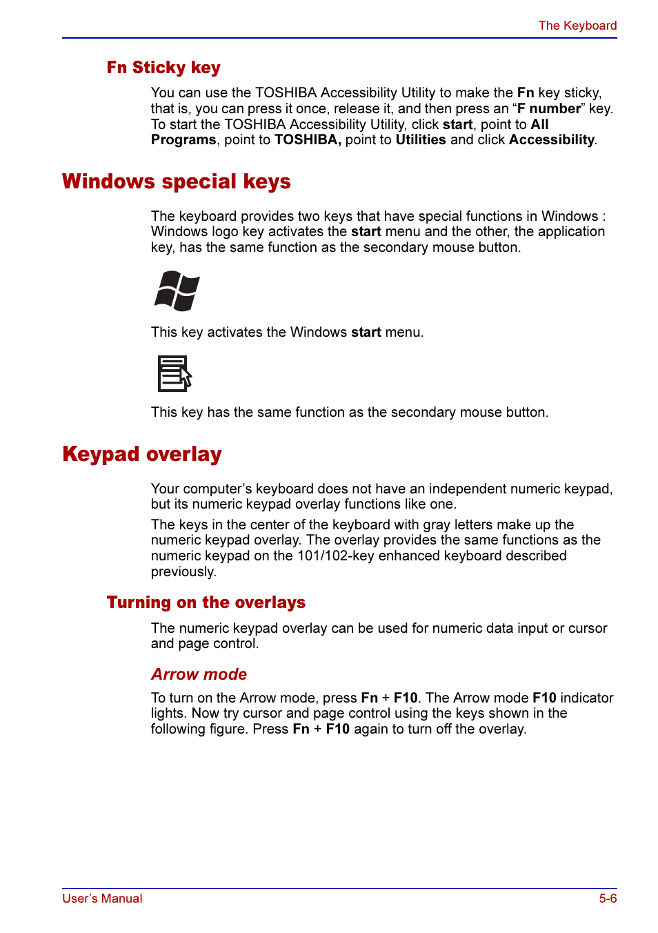 Fn sticky key -6, Windows special keys -6 keypad overlay -6, Turning on the overlays -6 | Keypad, Overlay, Sect, Windows special keys, Keypad overlay | Toshiba A50 User Manual | Page 106 / 211