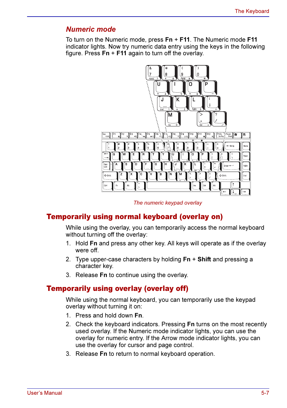 Temporarily using normal keyboard (overlay on), Temporarily using overlay (overlay off) | Toshiba A50 User Manual | Page 107 / 211