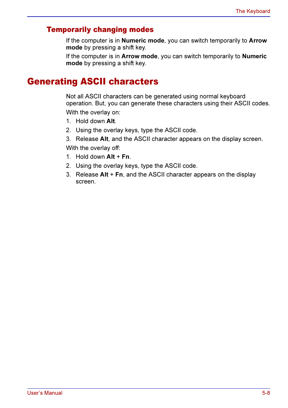 Temporarily changing modes -8, Generating ascii characters -8, Generating ascii characters | Temporarily changing modes | Toshiba A50 User Manual | Page 108 / 211