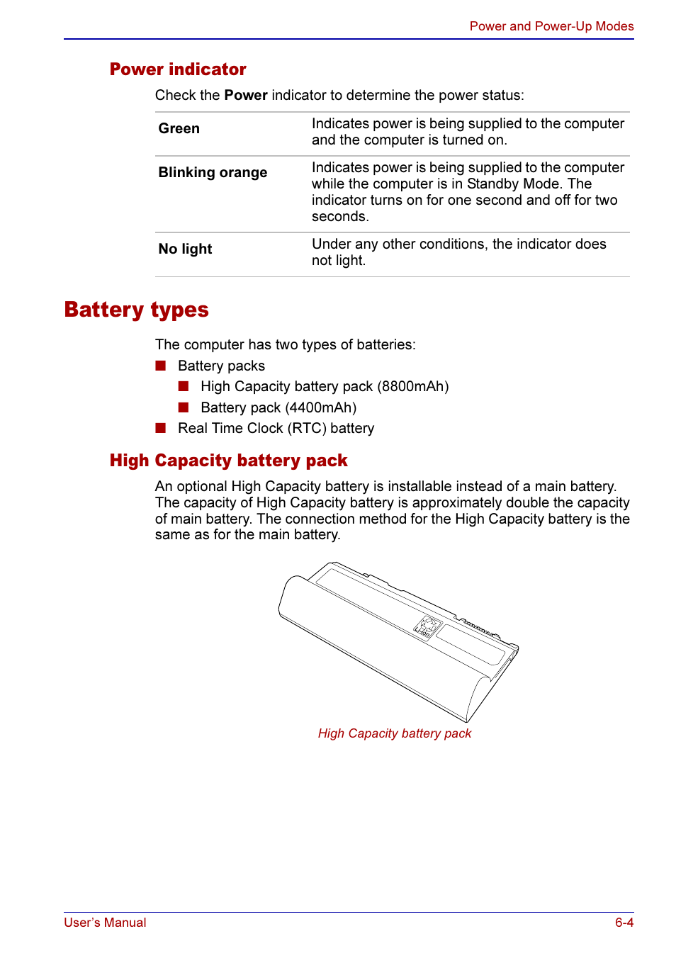 Power indicator -4, Battery types -4, High capacity battery pack -4 | Battery types, Power indicator, High capacity battery pack | Toshiba A50 User Manual | Page 112 / 211