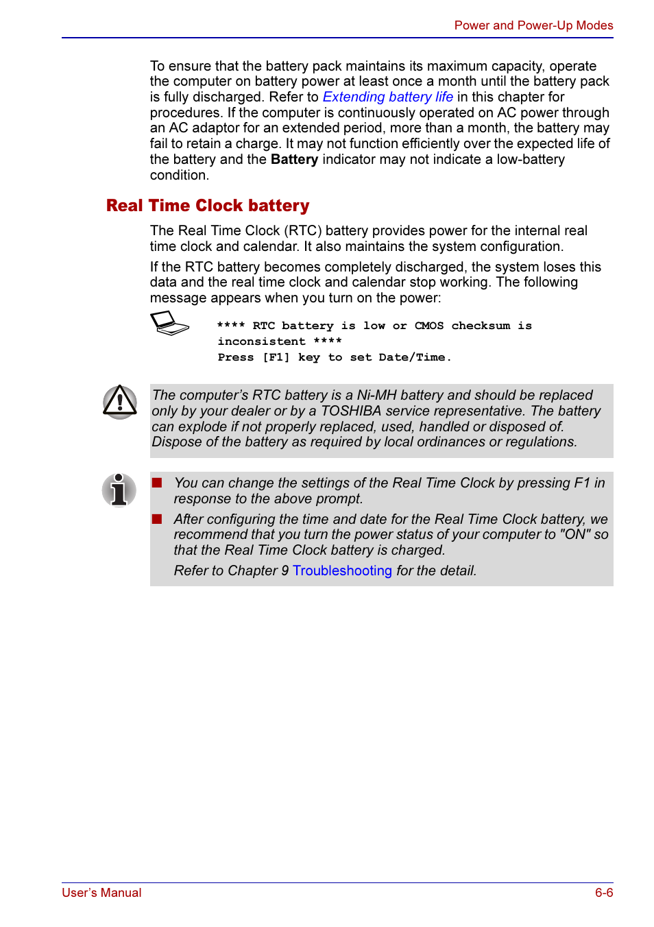 Real time clock battery -6, Real time clock battery | Toshiba A50 User Manual | Page 114 / 211