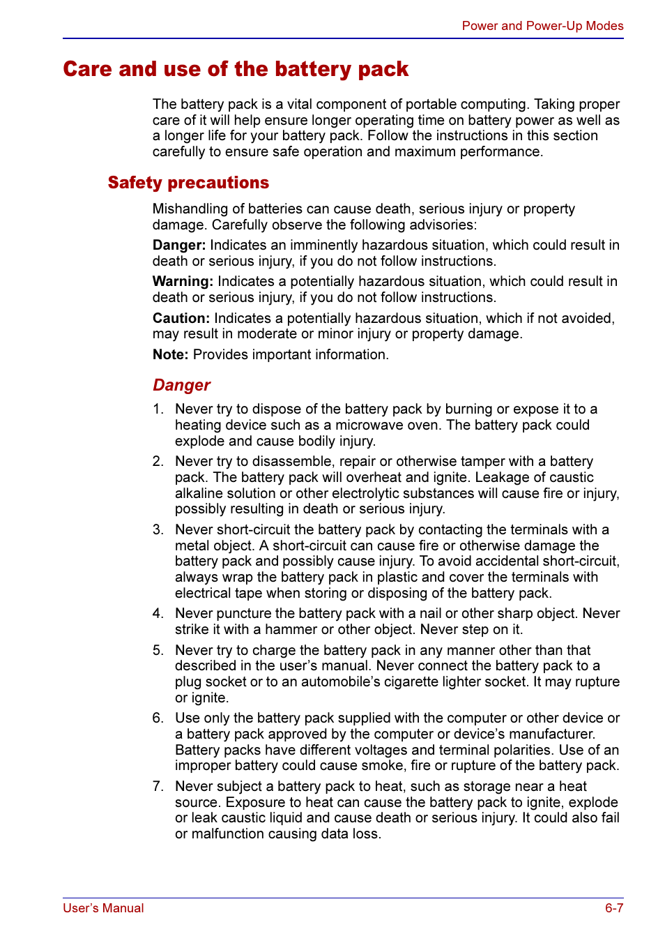 Care and use of the battery pack -7, Safety precautions -7, Care and use of the battery pack | Safety precautions | Toshiba A50 User Manual | Page 115 / 211