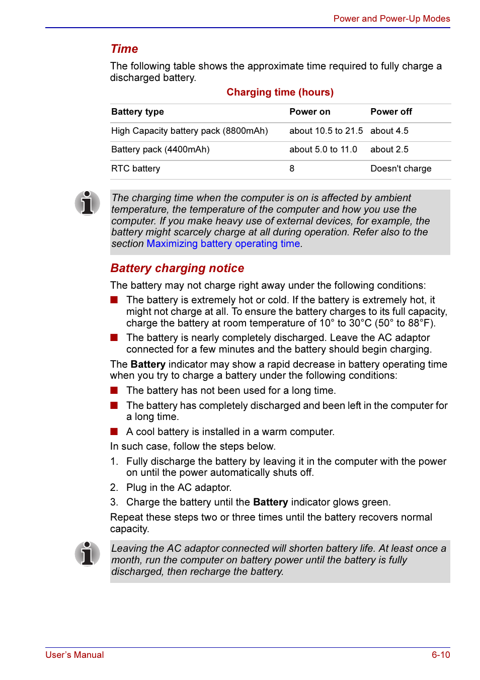 Time, Battery charging notice | Toshiba A50 User Manual | Page 118 / 211