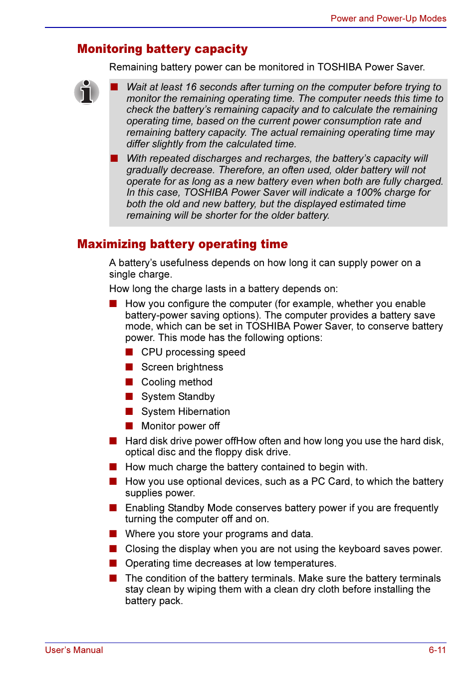 Monitoring battery capacity, Maximizing battery operating time | Toshiba A50 User Manual | Page 119 / 211