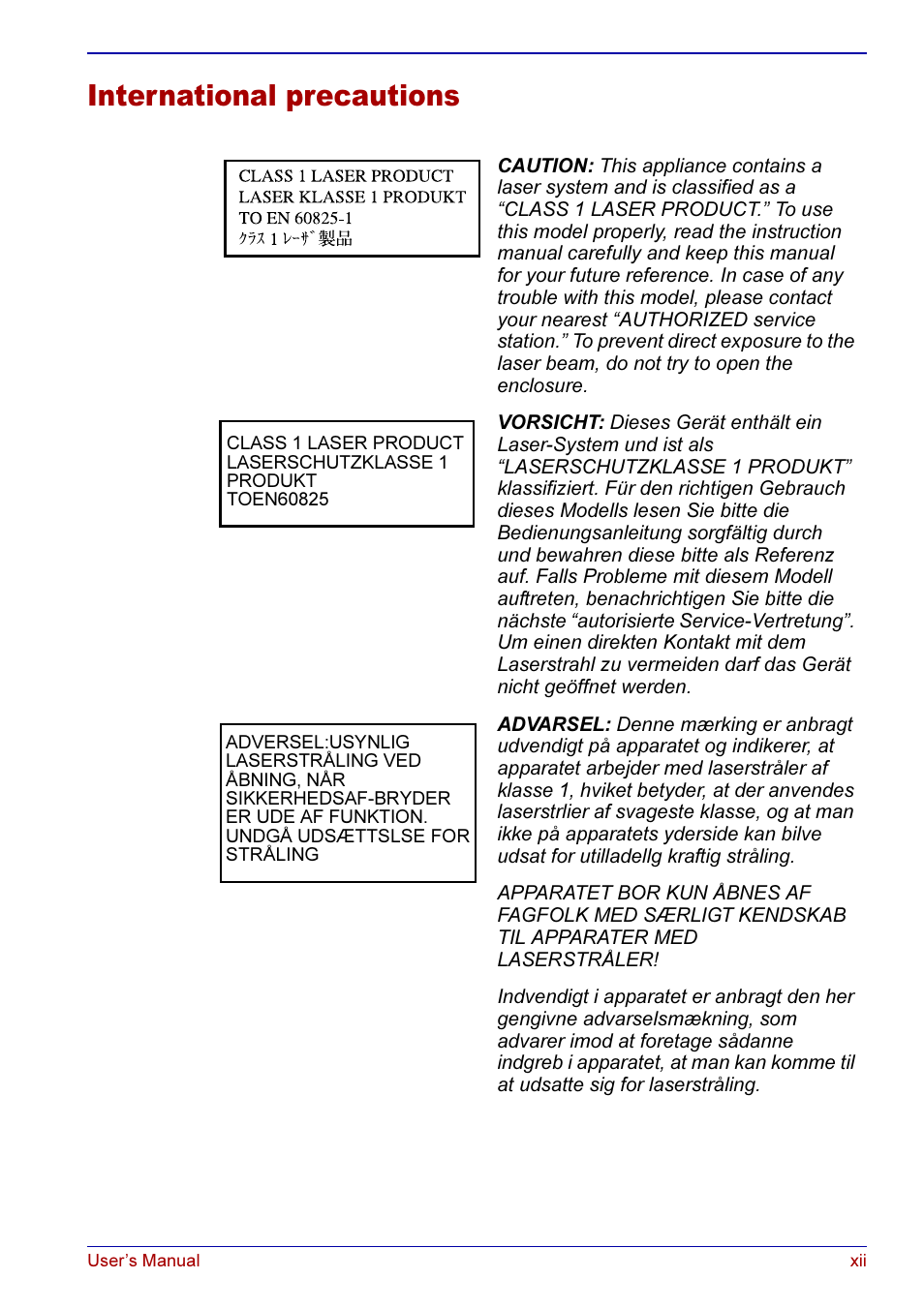 International precautions | Toshiba A50 User Manual | Page 12 / 211