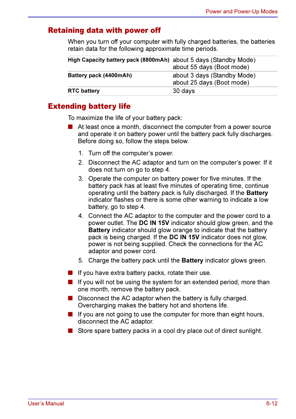 Extending battery life, Retaining data with power off | Toshiba A50 User Manual | Page 120 / 211