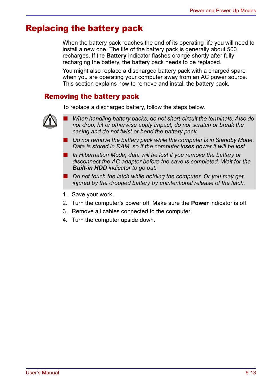 Replacing the battery pack -13, Removing the battery pack -13, Replacing the battery pack | Removing the battery pack | Toshiba A50 User Manual | Page 121 / 211