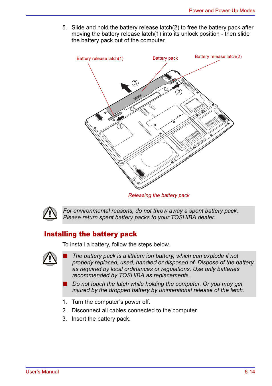 Installing the battery pack -14, Installing the battery pack | Toshiba A50 User Manual | Page 122 / 211