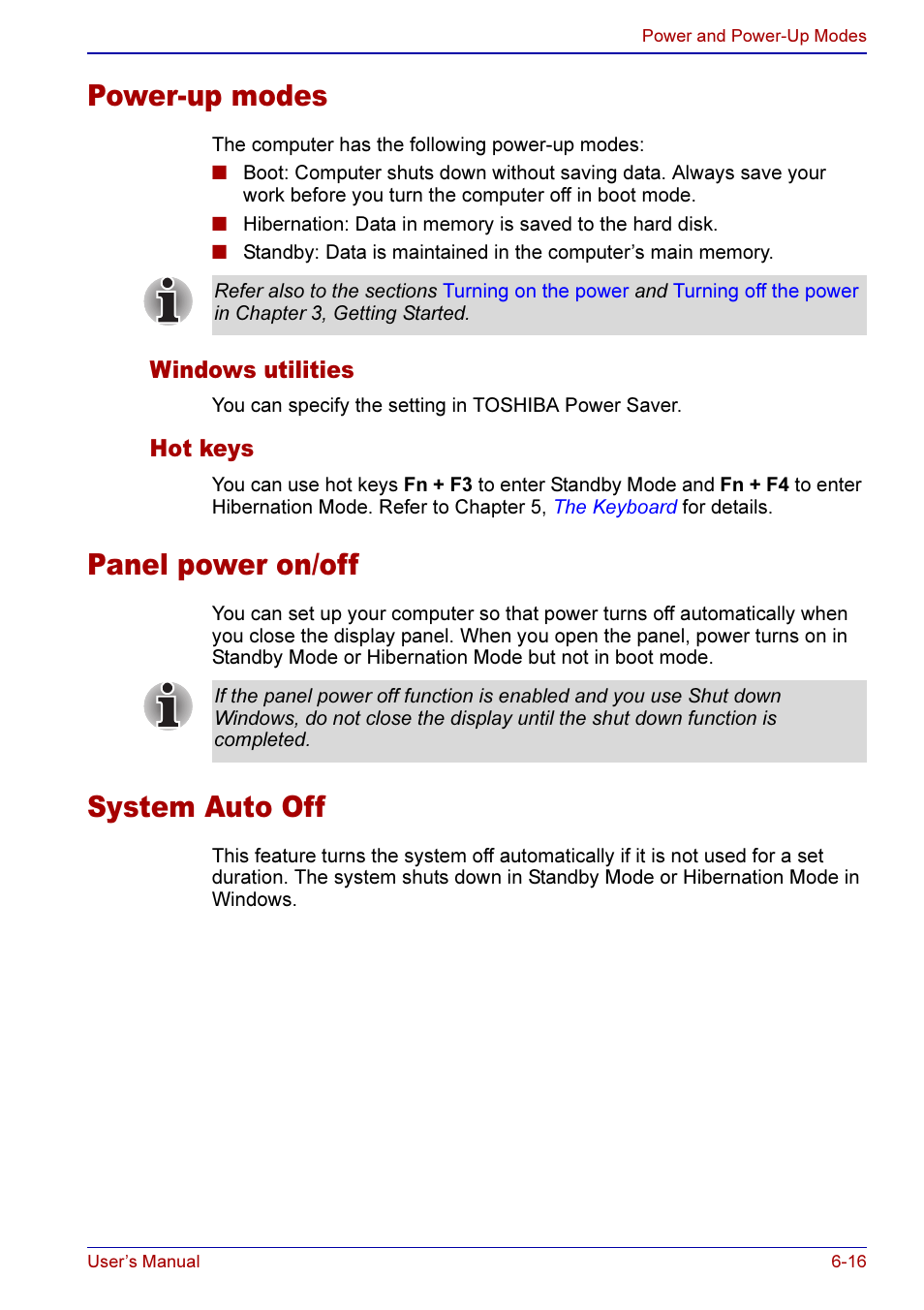 Power-up modes -16, Windows utilities -16 hot keys -16, Panel power on/off -16 system auto off -16 | Power-up modes, Panel power on/off, System auto off | Toshiba A50 User Manual | Page 124 / 211