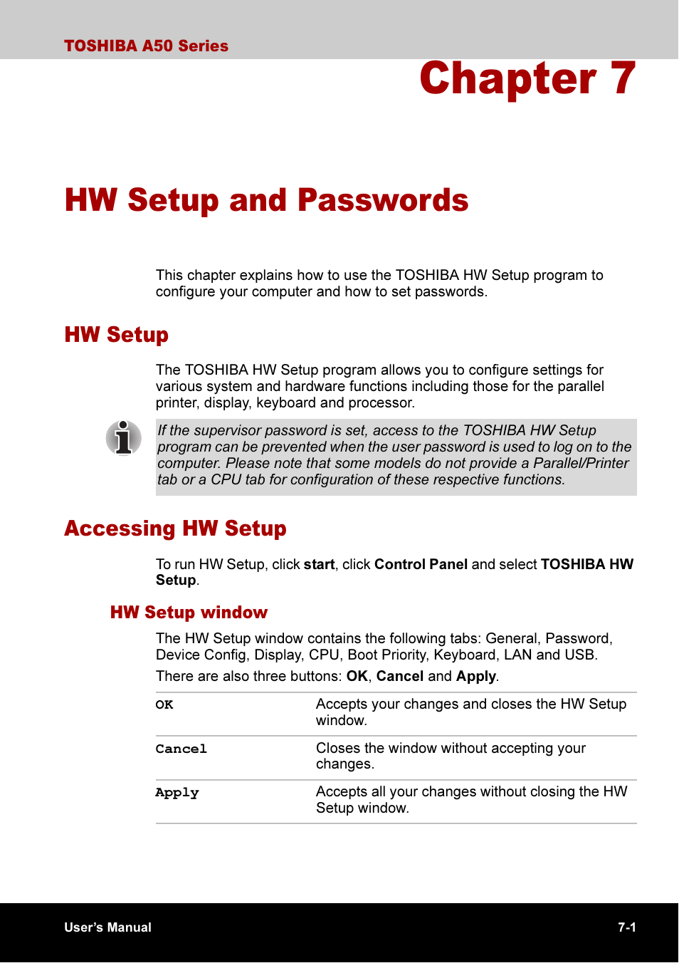 Chapter 7 hw setup and passwords, Chapter 7, Hw setup and passwords | Hw setup -1 accessing hw setup -1, Hw setup window -1, Hw setup and, Passwords, Hw setup, Accessing hw setup | Toshiba A50 User Manual | Page 125 / 211